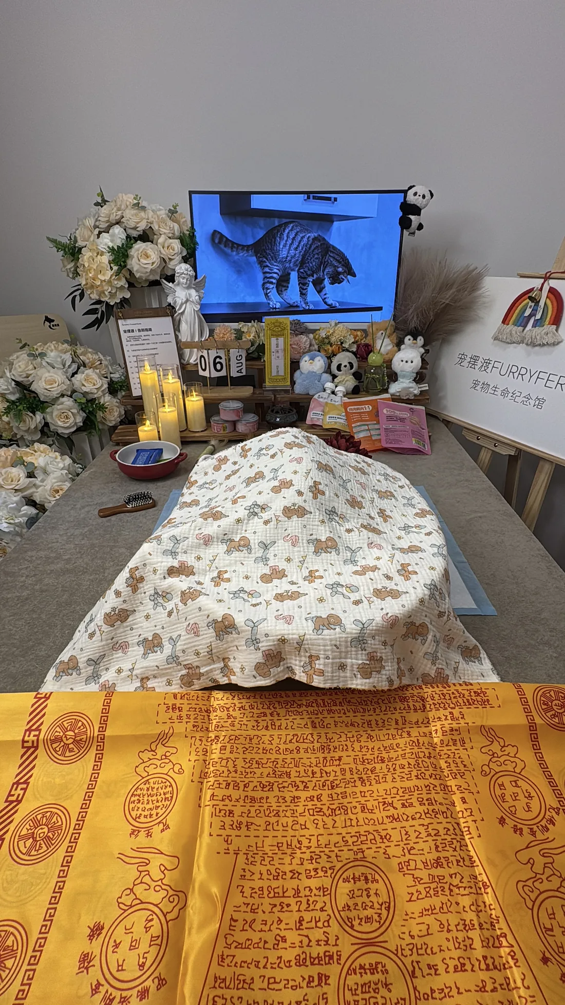 海口宠物告别仪式中的鲜花与纪念照片
